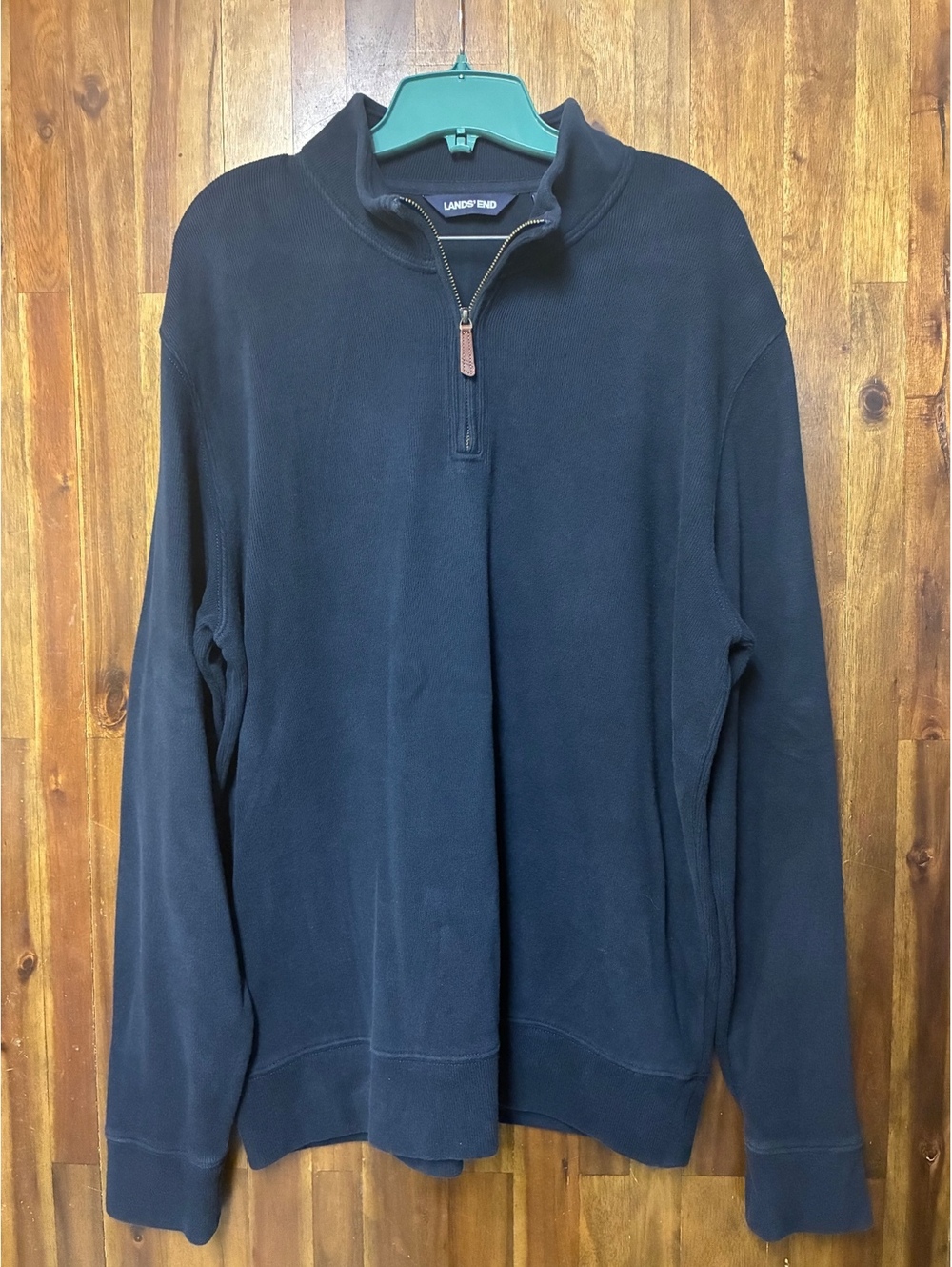 Lands’ End Men’s Navy Blue 1/4 Zip Pullover Large Cotton Preppy Coastal Sweater